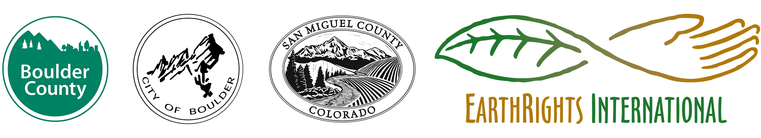 Logos for Boulder County, City of Boulder, San Miguel County, and EarthRights International