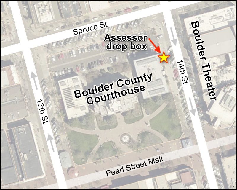 Map for Assessor's Boulder drop box, 2025 14th St., located near the ATM by the Boulder County parking lot, directly across from the Boulder Theater.